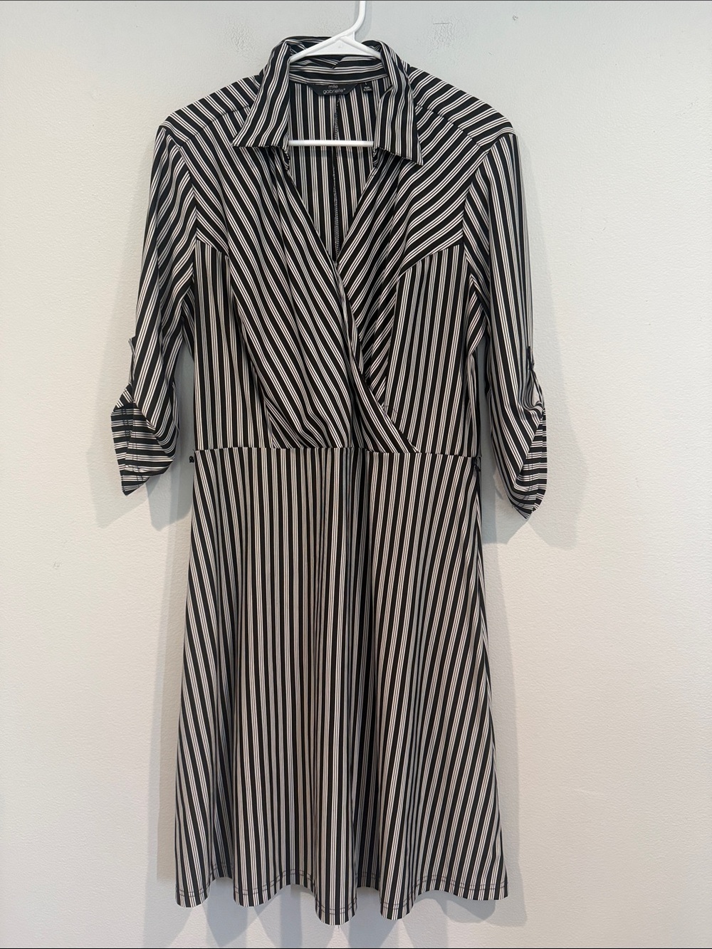 Mlle Gabrielle Black and White Striped Wrap Midi Dress